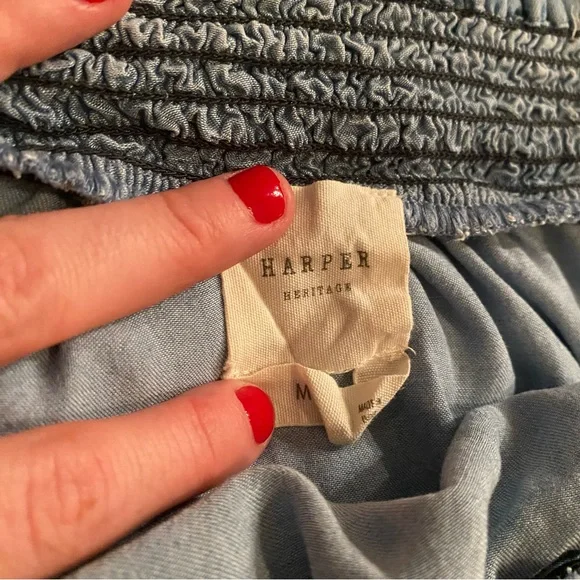 Harper Heritage Off Shoulder Blue Chambray Peasant Top Womens M Medium 3/4 Slv - Picture 5 of 6